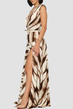 Coffee Elegant Print Patchwork High Slit Strap Design Deep V Neck Long Dresses