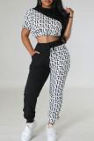 Coffee Casual Print Draw String Pocket Patchwork O Neck Short Sleeve Two Pieces