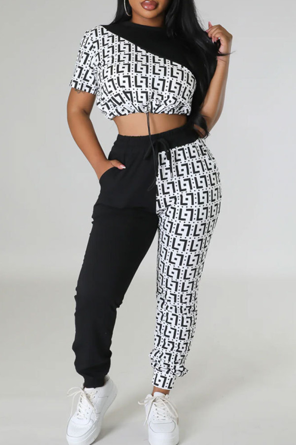 Black Casual Print Draw String Pocket Patchwork O Neck Short Sleeve Two Pieces