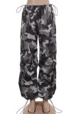 Grey Casual Camouflage Print Draw String Patchwork Loose Mid Waist Wide Leg Full Print Bottoms