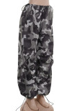 Grey Casual Camouflage Print Draw String Patchwork Loose Mid Waist Wide Leg Full Print Bottoms