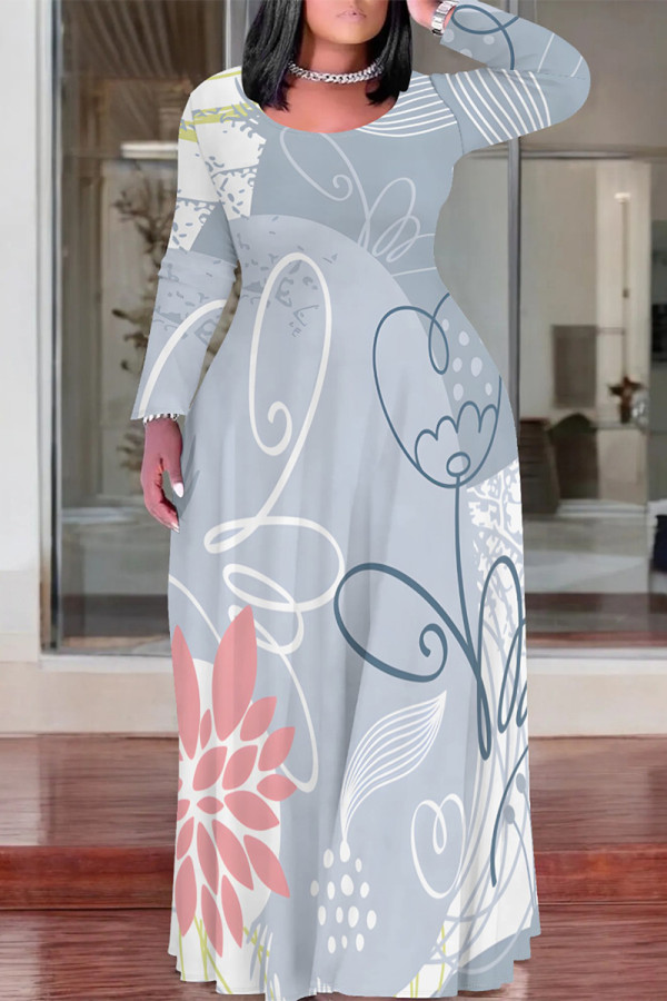 Light Blue Casual Floral Print Pocket Contrast O Neck Printed Plus Size Dresses