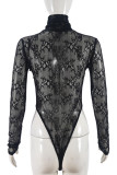 Black Sexy Patchwork See-Through Contrast Turtleneck Skinny Bodysuits