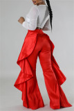 Red Casual Solid Color Stringy Selvedge Regular High Waist Wide Leg Patchwork Trousers