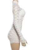 White Sexy Solid Color Patchwork Ruched Half A Turtleneck Wrapped Skirt Dresses