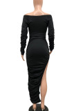 Red Sexy Solid Color Patchwork Ruched Off Shoulder Wrapped Skirt Dresses