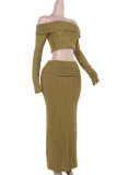 Army Green Sexy Solid Color Patchwork Backless Off Shoulder Long Sleeve Two Pieces