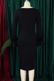 Black Elegant Solid Color Patchwork Slit Zipper O Neck Wrapped Skirt Plus Size Dresses