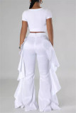 Red Casual Solid Color Stringy Selvedge Regular High Waist Wide Leg Patchwork Trousers
