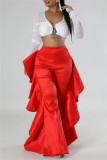 Red Casual Solid Color Stringy Selvedge Regular High Waist Wide Leg Patchwork Trousers