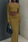 Army Green Sexy Solid Color Patchwork Backless Off Shoulder Long Sleeve Two Pieces