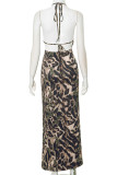 Leopard Print Sexy Leopard Print Hollow Out Patchwork Backless Strap Design Halter Long Dresses