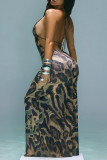 Leopard Print Sexy Leopard Print Hollow Out Patchwork Backless Strap Design Halter Long Dresses
