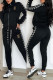 Black Casual Sportswear Letters Patchwork Contrast Mandarin Collar Long Sleeve Two Pieces
