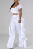 Red Casual Solid Color Stringy Selvedge Regular High Waist Wide Leg Patchwork Trousers