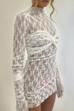 White Sexy Solid Color Patchwork Ruched Half A Turtleneck Wrapped Skirt Dresses
