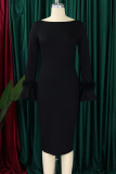 Black Elegant Solid Color Patchwork Slit Zipper O Neck Wrapped Skirt Plus Size Dresses