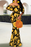 Black Gold Elegant Print Patchwork Backless Off Shoulder Long Dresses