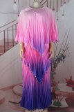 Rose Red Casual Gradient Print Patchwork O Neck Long Dresses