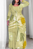Light Blue Casual Floral Print Pocket Contrast O Neck Printed Plus Size Dresses