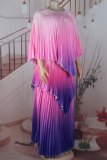 Rose Red Casual Gradient Print Patchwork O Neck Long Dresses