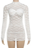 White Sexy Solid Color Patchwork Ruched Half A Turtleneck Wrapped Skirt Dresses