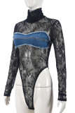 Black Sexy Patchwork See-Through Contrast Turtleneck Skinny Bodysuits