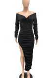 Red Sexy Solid Color Patchwork Ruched Off Shoulder Wrapped Skirt Dresses