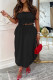 Black Sexy Solid Color Patchwork Backless Ruched Strap Design Strapless Sleeveless Two Pieces