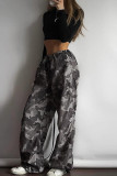 Grey Casual Camouflage Print Draw String Patchwork Loose Mid Waist Wide Leg Full Print Bottoms