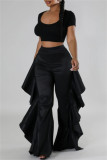 Red Casual Solid Color Stringy Selvedge Regular High Waist Wide Leg Patchwork Trousers