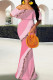 Pink Elegant Print Patchwork Backless Off Shoulder Long Dresses