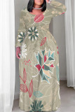 Light Blue Casual Floral Print Pocket Contrast O Neck Printed Plus Size Dresses