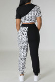 Coffee Casual Print Draw String Pocket Patchwork O Neck Short Sleeve Two Pieces