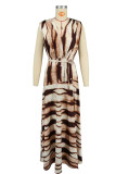 Coffee Elegant Print Patchwork High Slit Strap Design Deep V Neck Long Dresses