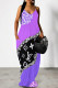 Purple Sexy Letter Print Pocket Contrast V Neck Printed Dresses