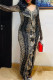 Black Elegant Print Patchwork Ruffled Trim V Neck Long Dresses