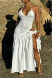 White Sexy Solid Color Backless Belted Spaghetti Strap Sleeveless Two Pieces