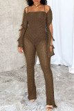 Brown Casual Solid Color Hollow Out Patchwork Backless Strap Design Spaghetti Strap Skinny Jumpsuits