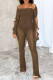 Brown Casual Solid Color Hollow Out Patchwork Backless Strap Design Spaghetti Strap Skinny Jumpsuits