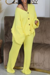 Yellow Casual Solid Color Buttons V Neck Long Sleeve Two Pieces