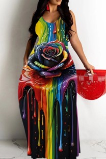 Black Casual Print Backless Spaghetti Strap Long Dresses