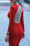 Red Elegant Solid Color Patchwork Backless High Slit Ruched V Neck Long Dresses
