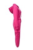 Rose Red Casual Solid Color Zipper Hooded Long Sleeve Two Pieces
