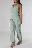 Ink Green Casual Solid Color Lace Up V Neck Regular Jumpsuits