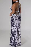 Black White Sexy Tie Dye Print Hollow Out Backless Belted Halter Long Dresses