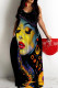 Black Yellow Casual Figure Print Backless Spaghetti Strap Long Dresses