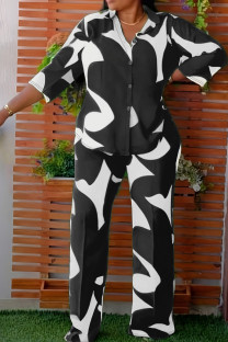 Black Casual Print Patchwork Buckle Turndown Collar Plus Size Two Pieces