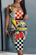 Red Black Casual Print Basic U Neck Vest Dresses