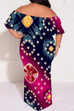 Blue Purple Sexy Geometric Print Floral Print Contrast Off Shoulder Printed Plus Size Dresses